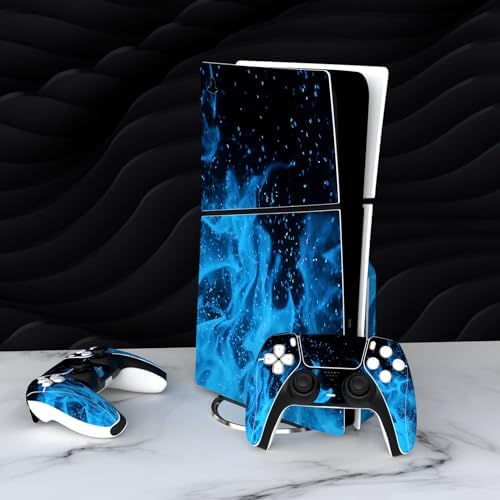 PlayVital Full Set Skin Sticker for ps5 Slim Console Disc Edition (The New Smaller Design), Vinyl Skin Decal Cover for ps5 Controller & Headset & Charging Station & Media Remote - Blue Flame - 3