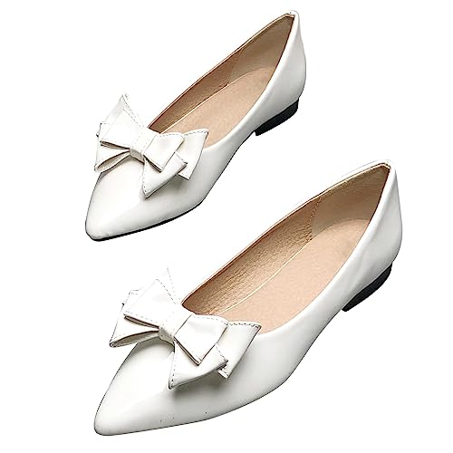 SAILING LU Bowknot Shoes Women Dressy Flats for Wedding Pointed Toe Ballet Flat Shoes Comfort Walking Loafers Shoes PU Leather Slip-ons White Size 8 1/2