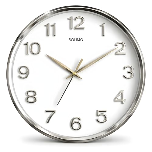 Image of Amazon Brand - Solimo 12 Inches Silent Wall Clock for Living Room Bedroom Office Plastic Easy to Read 3D Numbers Modern Stylish Sweep Movement Wall Clock for Home 1603DX (Silver)