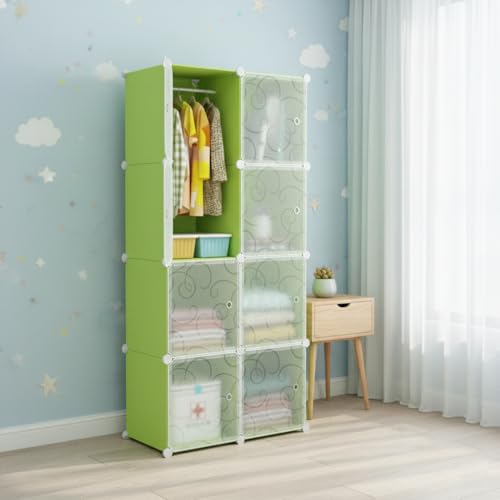 Image of KRISHYAM Kids Modular Storage Cabinet with anging Rail, 8 Cube Plastic Wardrobe Organizer, DIY Closet System with Hanging Rod, Toy & Clothes Storage (Green Plain, 8 Box)