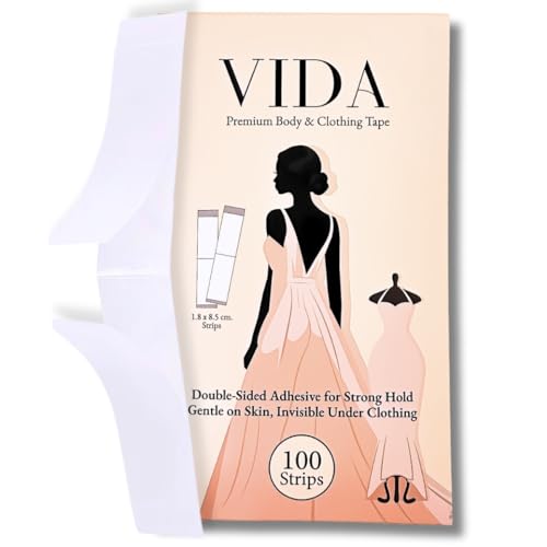 VIDA Premium Double Sided Body Tape And Clothing Tape, 100 Strips, Fabric Tape, Invisible Under Clothes. Transparent Strong Hold Fashion Tape.