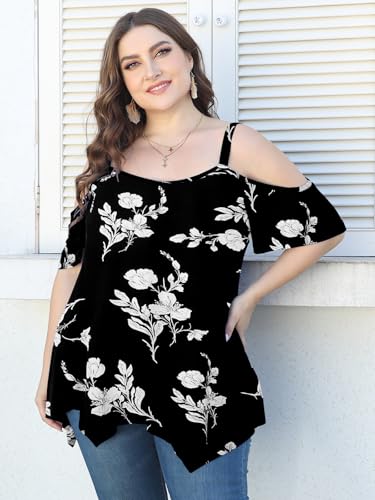Image of LARACE Cold Shoulder Tops for Womens Summer Clothes Spaghetti Strape Tunic Oversized Shirts Asymmetrical Plus Size Blouse