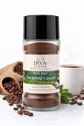 Image of IRVA Everyday Classic Smooth Roast Instant Coffee | Agglomerated Premium Granules | Smooth, Well-Balanced Taste with Rich Aroma | Crafted for Everyday Enjoyment | Perfect for Black & Milk Coffee | 100 g | Makes 40 -50 Cups