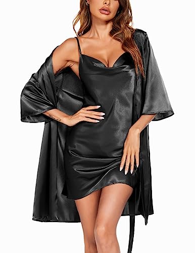 Ekouaer Nightgown Robe Set For Women Satin Pj Sets Silk Lingerie Robes Kimono Short Bathrobe Cami Nightwear,Black Large #TOP15
