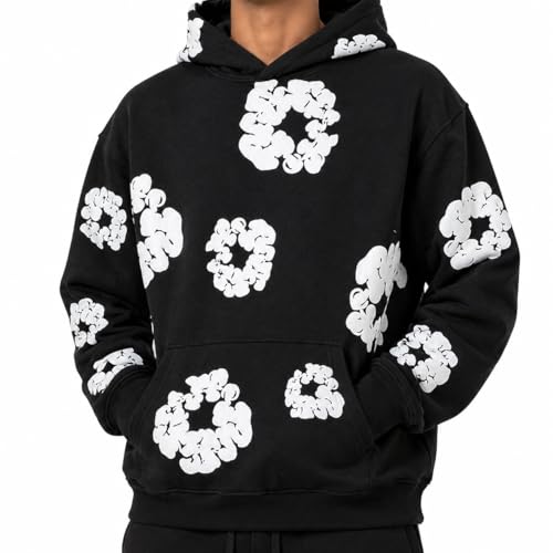Y2K Hoodies Vintage Floral Print Oversized Hoodie Purple and Blue Casual Streetwear Long Sleeve Pullover Sweatshirt (US Alpha Medium Black)