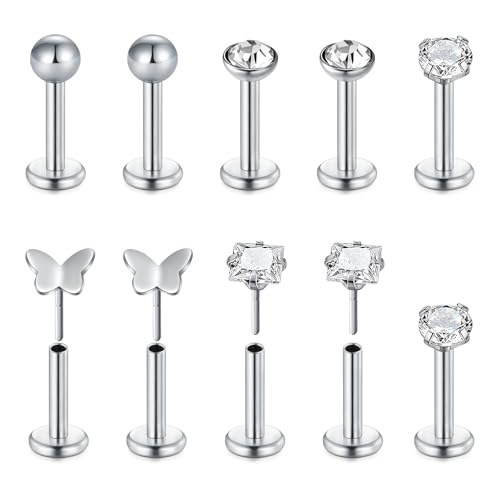 10 piezas 1.2mm Titanio Negro Anodizado 316L Acero Quirúrgico Labret Anillo para Labbro/Trago/Helix/Cartílago de Oreja Stud de Barra, 6 8mm Cuerpo de Piercing Joyería, 16g, Acero inoxidable