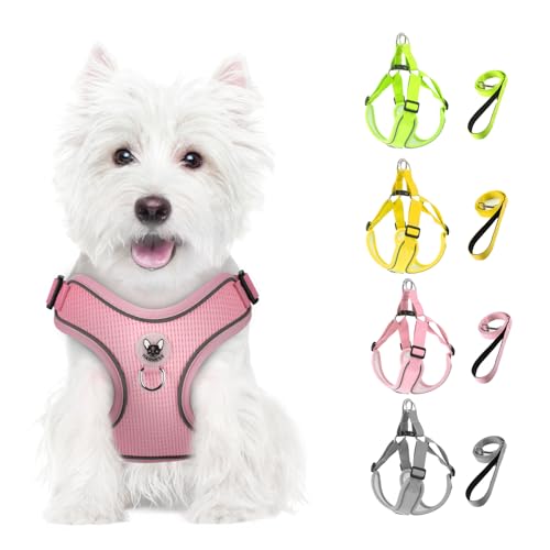 Feycig Hundegeschirr Kleine Hunde, Anti Zug Einstellbar Reflektierend Geschirr, Atmungsaktiv Weiches aus Mesh Geschirr Hund Leichtes Welpengeschirr Brustgeschirr mit Griff (Rosa, Small)