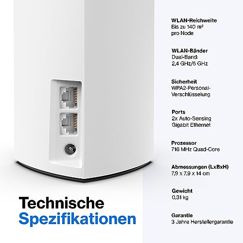 Linksys Velop WHW0102 Dual-Band Mesh WiFi 5-System (AC1200) WLAN-Router, Repeater, Extender, bis zu 260 m² WLAN-Abdeckung mit 4 Gigabit-Ethernet-Ports und Kinderschutzfunktionen - 2er-Pack, Weiß