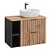 Produktbild Lomadox Badezimmer Waschtisch mit Regal Schwarze Rillen 80,6x74,2x46,5 cm Unterschrank Waschtischplatte Aufsatzwaschbecken anthrazit mit Eiche Nb.