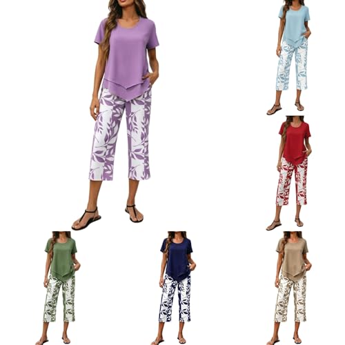 Sfascumop Capri Sets Women 2 Piece Outfits 2 Piece Sets For Women Summer Lounge Outfits Printed Capris Top Wide Leg Crop Pants Travel Beach Vacation Clothes Purple Large