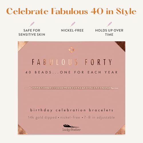 Lucky Feather 40th Birthday Gifts Women | Cute 14k Gold Dipped Beads Bracelet | Fabulous Forty Milestone Bracelet | 40th Birthday Bracelets For Women | Adjustable 7"- 8" Cord | 40 and fabulous4