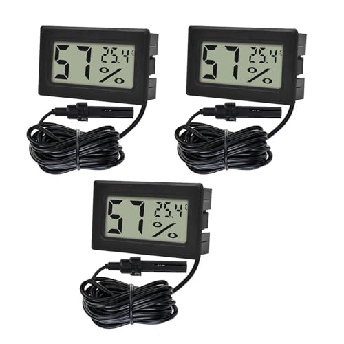 Aihoom 3Pcs Digital Thermometer Hygrometer, Mini LCD Temperature Humidity Gauge Meter for Fridge, Aquarium, Reptile, Incubator, Room, with Sensor Probe, with Temperature Display -50 to 70°C Range