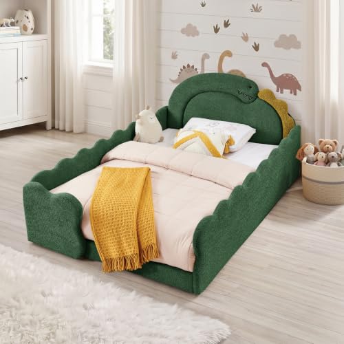 Image of Full Bed Frame for Kids, Floor Platform Bed Dinosaur, Green