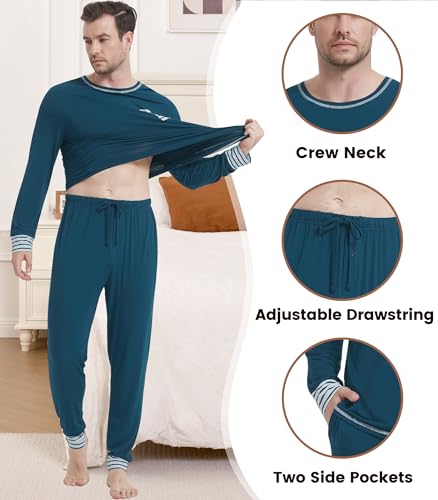 Image of NACHILA Mens Pajamas Set Long Sleeve Henley Sleepwear Top Soft Jogger Pants Pajamas Cool Pjs Set,Viscose Made from Bamboo