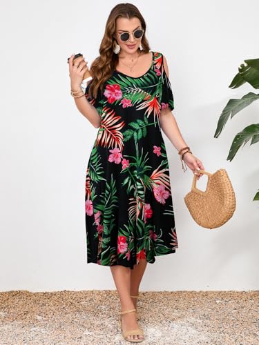 Image of LARACE Plus Size Women Dress for Summer, Midi Women's Sundress, Casual V-Neck Short Sleeve Flowy T-Shirt Dresses with Pockets
