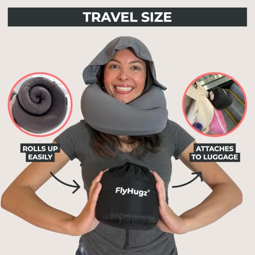 Image of FlyHugz 2.0 Hooded Travel Pillow - 2026 Original Release - Memory Foam Neck Pillow with Adjustable Hood & Premium Elastic Washable Cover - First Class Comfort for Flights, Road Trips & Sleep-Gray.
