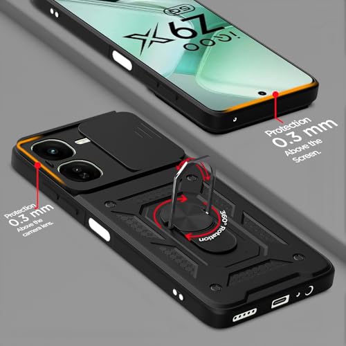 Image of Pikkme D10 Tough Armor Bumper Case | 360 Protection Case | Sliding Camera Shield Cover & Ring Holder Stand Back Cover for iQOO Z9X 5G (Black)