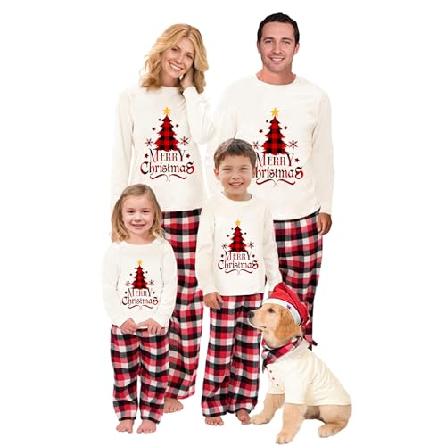 Image of Nsywmzy Family Matching Christmas Pajamas Set Plaid And Letter Print Loungewear Sleepwear Xmas Pjs Couples Holiday Pajamas (Pet, 2XL, Beige)