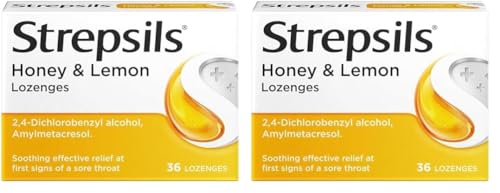 Strepsils Honey & Lemon Lozenges, 36s, Gluten Free, Sore Throat Relief, Soothes Sore Throat, Fights Infection, Works in 5 Mins (Pack of 2)