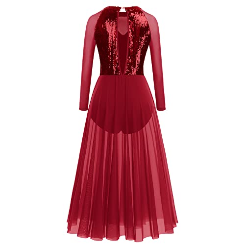 Odasdo Women Lyrical Dance Costume Adult Morden Contemporary Ballroom Dancewear Glitter Sequin Long Sleeve Mesh Tulle Flowy Maxi Long Dress Ballet Leotard Outfit Ball Gowns Dark Red Xs #TOP3