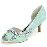 Material:Satin DANOBAB Damen Hochhacken Pumps Kitten Heels Sandalen Slip-On Offene Spitze mit Satin Strass Stilettos Hochzeit Hochzeitsparty Kleider Schuhe,Mint Green,37