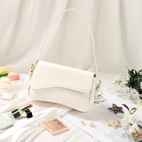 Etercycle Umhängetasche Damen, PU Leder Crossbody Bag mit 2 Schultergurt Vintage Handtasche Y2K Schultertasche für Frauen Trendy Taschen (Beige)