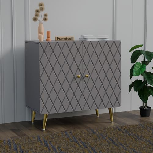 Image of Modern Wooden Storage Cabinet with 2 Doors | Geometric Design Sideboard /Cupboard for Living Room | Multipurpose Organizer for Bedroom & Entryway | HDMR Premium Wood | Gold Metal Legs(Grey)