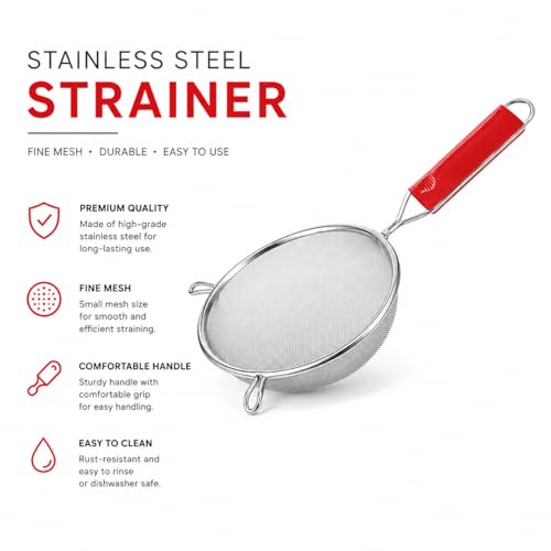 Image of ADD2CART Multipurpose Stainless Steel Strainer for Vegetables, Fruits, Soup & Juice - Kitchen Tool with Red Handle (Silver) - Best for Tea & Rice Use (16CM)