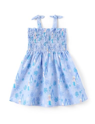 Disney Frozen Toddler Girl Dress Elsa Character Print Bow Strap Floral Summer Clothes Smocking Beach Holiday Sundress Blue 3T