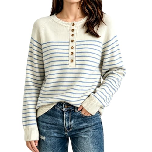 Womens Fall Sweaters Loose Thermal Button Crew Neck Soft Sweaters - image 2