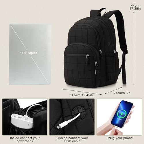 Image of kadilong Laptop Backpack for Women College Travel,Quilted Daypack Bookbag for School Teen Girls Mochilas Mujer,Black