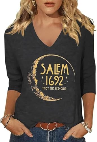 Women's Fall Halloween 3/4 Sleeve V Neck Shirt Vintage Hocus Focus Graphic Tee Funny Family Party Matching Holiday Tops