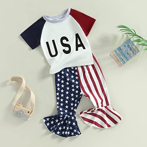 4Th Of July Baby Girl Outfits Toddler Usa Print Short Sleeve Tops Amercian Flag Bell Bottom Pants Clothes Set (Blue Red Usa, 6-12 Months) #TOP2