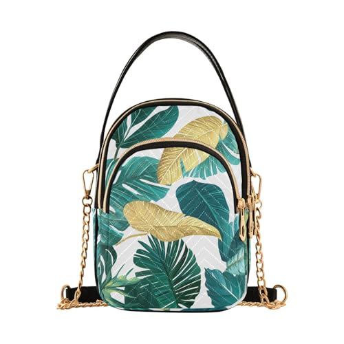 susiyo Teal Blue Gold Tropical Leaves Pattern Crossbody Purse for Women, Quilted Crossbody Bag Ladies Casual Bags Shoulder Bag Phone Purse Handbag Wallet