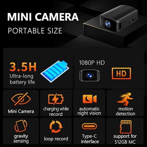 0.7 inch - Hidden Camera - Spy Mini Camera - Portable Compact Cameras, 1080P HD, Indoor Nanny Cam, with Night Vision, Motion Detection, Loop Record, Gravity Sensor, 512GB Max, No-WiFi Alternate view