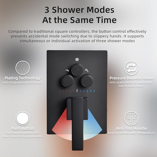 Sistema de duchas duales Dasan en negro mate con ducha de lluvia de 12 pulgadas para techo y ducha de alta presión de 6 pulgadas para pared, juego completo con ducha manual y grifo de 3 funciones miniatura 3