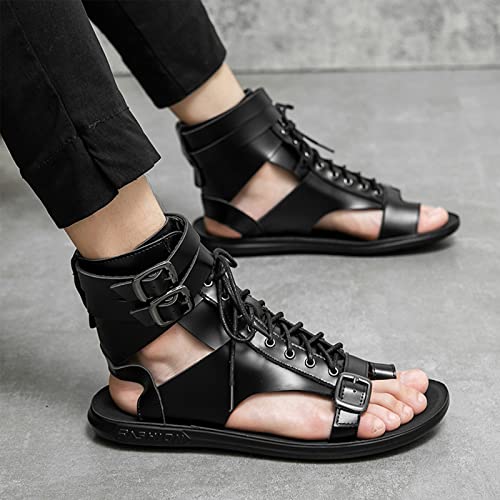 UGOSELEC Men's Leather Gladiator Sandals Roman Sandals,Casual Non-slip Breathable Lace Up Buckle Versatile High Top Beach Shoes2