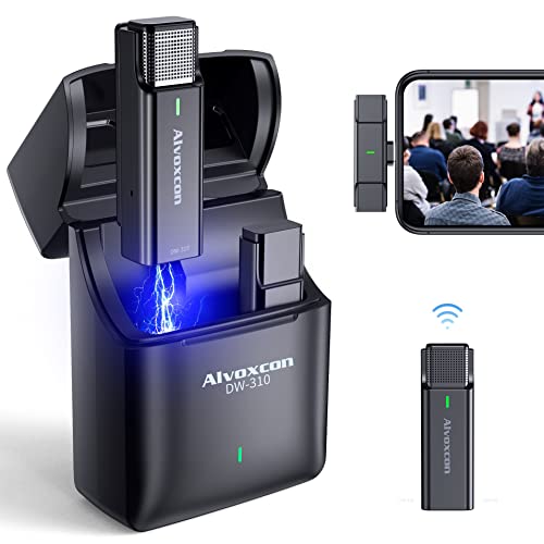 Alvoxcon Système de microphone cravate sans fil pour iPhone iPad 2,4 GHz avec étui de chargement pour entretiens, TikTok, Facebook Live Stream, YouTube Vlog Enregistrement vidéo Cover