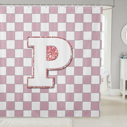 Image of Erosebridal Pink Initial P Shower Curtain 72 inch Wx72 L Kawaii Plaid Checkered Bathroom Curtain Cute Personalized Monogram Bathroom Accessories for Kids Girls,Fashion Grids Gingham Shower Decor