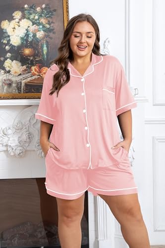 Image of Vozanet Women's Plus Size Button Down Pajamas Soft Lounge Sets Shorts with Pockets Bride Nighty Solid Soft Pjs 1x to 5x