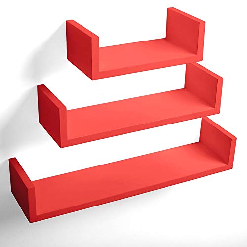 Image of DECORVISTA Wooden Handcrafted Wall Shelf Beautiful Floating Wall Racks Shelves Living & Bed Room Decor U Shaped Set of 3 (Multi) (RED)