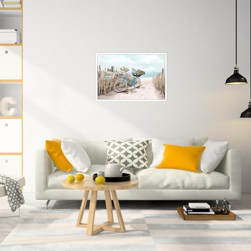 YNHQNGO Beach Canvas Wall Art for Bathroom Ocean Pictures Seaside Bicycle Canvas Print Seascape Painting Framed Teal Aqua Blue Calming Shoreside Artwork for Modern Coastal Themed Lake Home Bedroom - Image 6