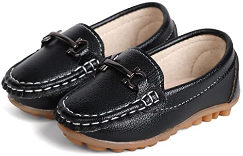 Image of QIETION Toddler Little Kid Boys Girls Soft Slip On Loafers Dress Flat Shoes Black V602-BK25