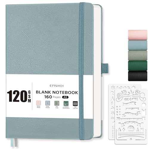 EMSHOI A5-Notizbuch, blanko, Tagebuch, 120 g/m², Hardcover, Leder, Skizzenbuch mit Kritzelschablone, 160 Seiten, unliniert, für Damen, Herren, Arbeit, Schule, Zeichnen, 14,5 x 21 cm, Graublau