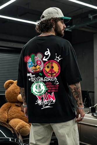 Image of Veirdo Cotton Drop Shoulder Round Neck Oversized Baggy Fit Front & Back Graphic Printed Half Sleeve T-Shirt Men (Available in from S to 2XL)