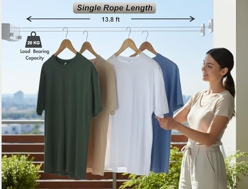 Image of Wall Mounted Retractable Clothes Line (4.2 Meter x 2 Lines) Heavy Duty Double Clothesline, Adjustable Rope for Drying Clothes for Indoor & Outdoor, Laundry Washing Line for Compact Space