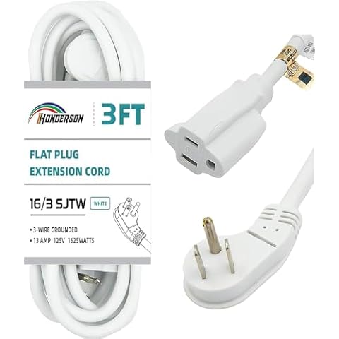 HONDERSON Flat Plug Indoor Extension Cord, UL Listed, 16 Gauge 3FT White 3 Prong Heavy Duty Extension Cord, 16/3 SJTW 13A Power Extension Cord for Lights, Appliances, Home Cover