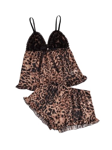 Milumia Women's 2 Piece Leopard Print Pajama Set Lace Mesh Cami Top Shorts Pajamas