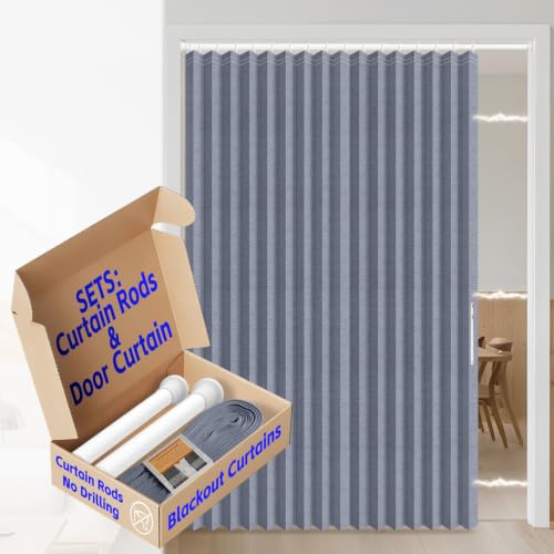 AJAZZ Blackout Accordion Door Curtain with Curtain Rods Adjustable 28-63" Long Invisible Accordion Doors Interior for Bedroom Living Room Doorway Curtain Sets (1 Pack, 72 W x 78 L, Dark Blue)