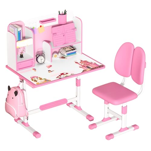 yulewiix - Conjunto de sillas de oficina para niños, mesa de estudio ajustable en altura con corrector sentado, ergonómico stand libro escuela o rosa
